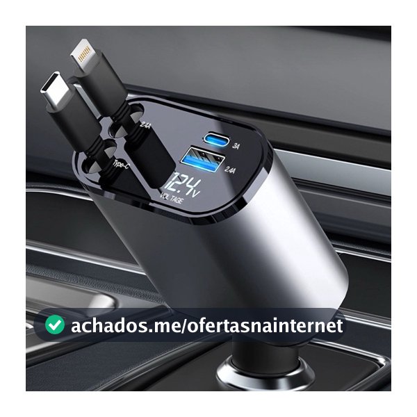 Carregador de carro retrátil, carregador rápido de para carro 4 em 1 para iPhone e Android