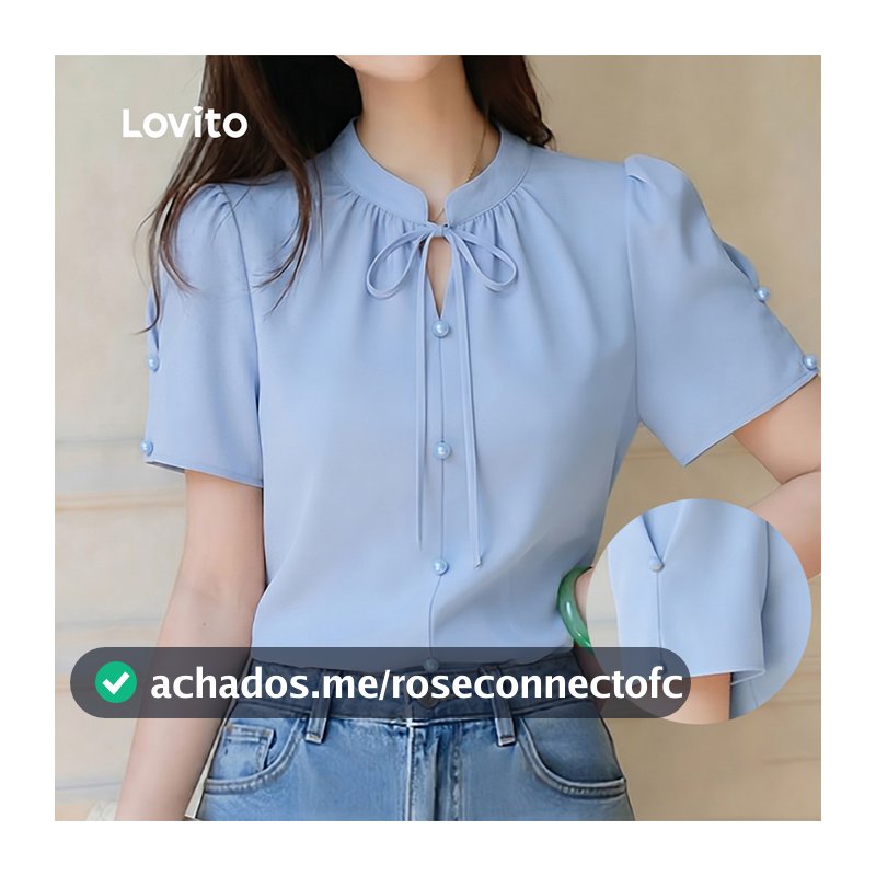 Lovito Gola Padre Elegante Blusa com Amarração e Botões Frontais Blusa Azul Primavera/verão para Mulheres Bordado LK4ED565