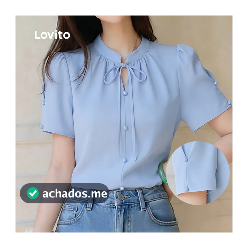 Lovito Gola Padre Elegante Blusa com Amarração e Botões Frontais Blusa Azul Primavera/verão para Mulheres Bordado LK4ED565
