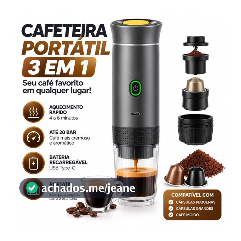 Máquina de Café Expresso Portátil 3 em 1 Elétrica Preta Cafeteira cápsulas ou Café RBG 12V Aquecido, à prova d'água