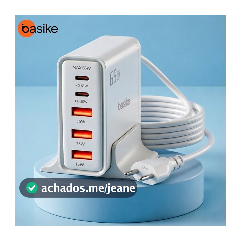 Carregador de Mesa Basike GaN 65W Turbo 5 em 1 3 USB 2 Tipo-C PD QC3.0 Carregamento Rápido Inteligente