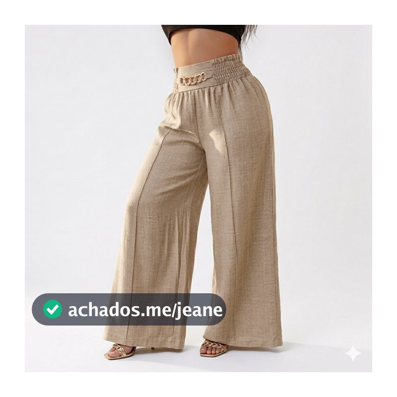 Calça Femenina Pantalona de Linho  – Cintura Alta com Cinto Fake e Bolsos Laterais