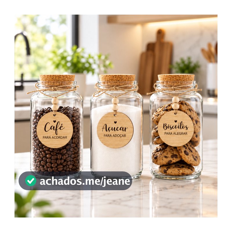 Kit Cantinho do Café - Café, Biscoitos e Coisinhas| 3 potes de Vidro 810ml com Tampa Rolha + Pigente