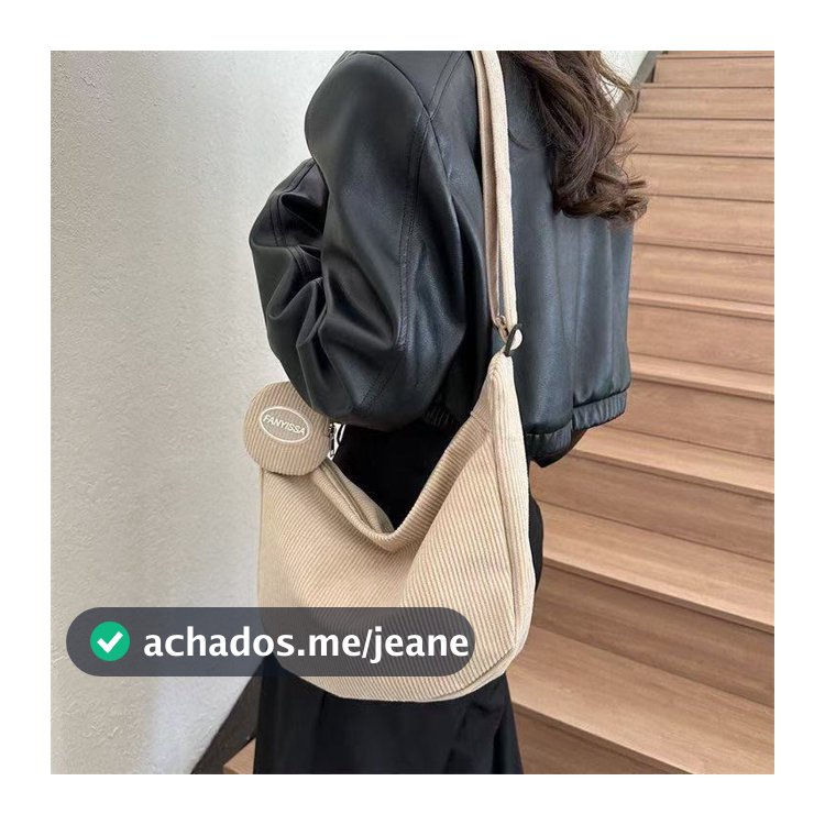 Bolsa Feminina Transversal de Veludo Cotelê Casual Grande Ombro Tiracolo Escolar Universitária com Porta Moedas