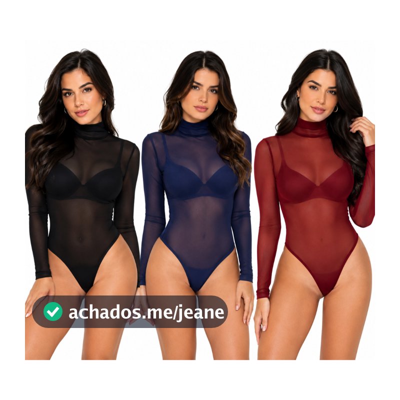 Kit 3 Body Tule Feminino Manga Longa Transparente Blusa Sexy Gola Alta Bori Blogueira