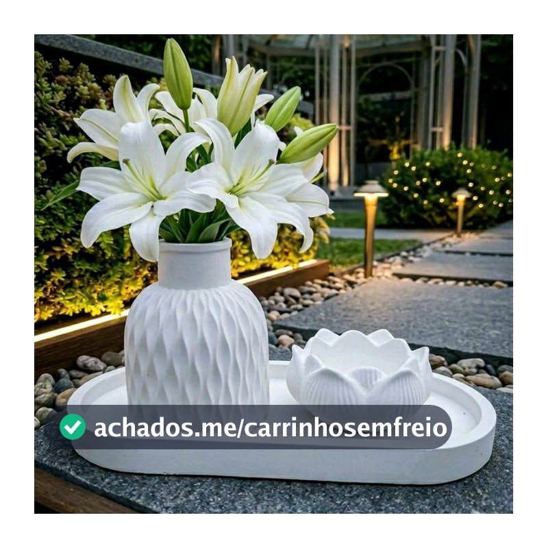 Kit de Gesso Cru 3 peças, Bandeja G, Vaso saia de noiva e Vaso Flor de Lótus.