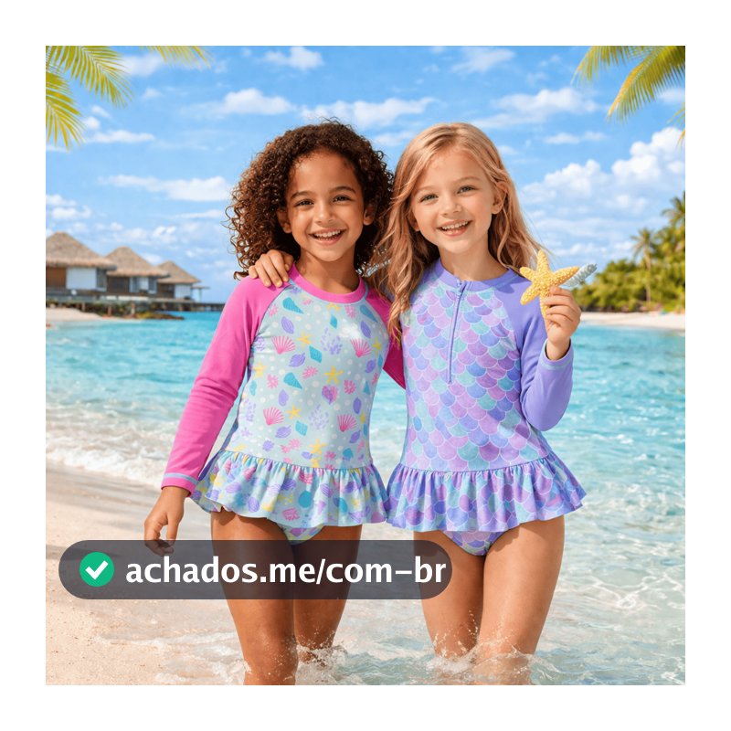 Maiô Infantil Manga Longa Proteção UV Praia Piscina Bebê 12-18M a 3-4Y Sereia e Conchas