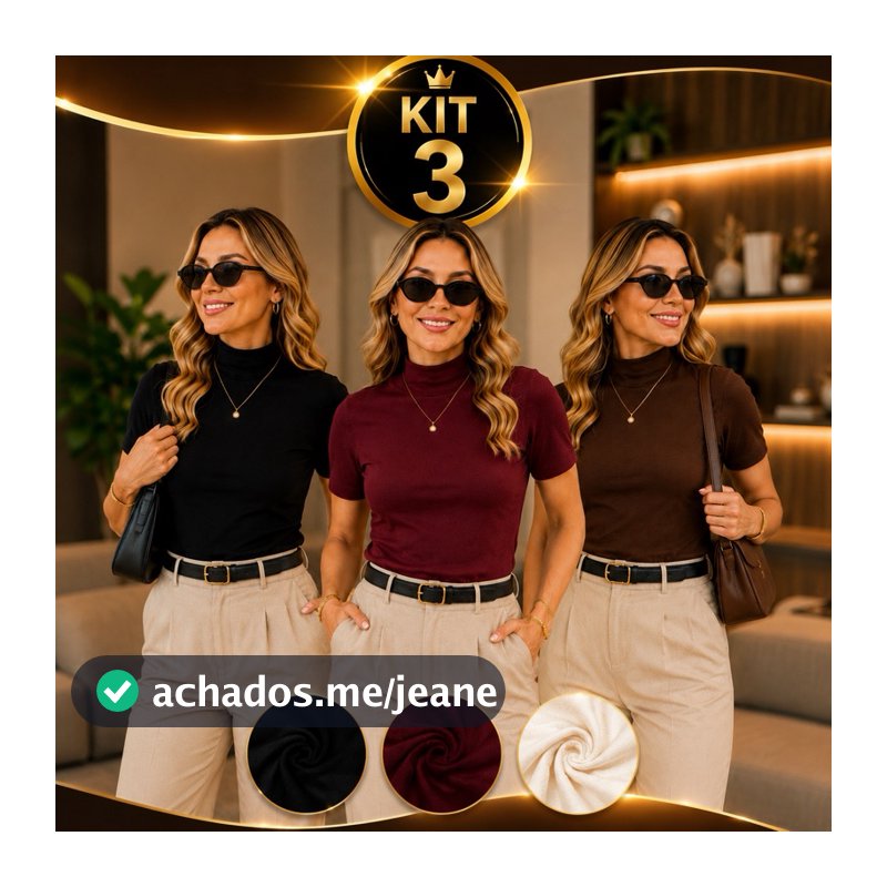 Kit 3 Gola Alta Feminina Básica Manga Curta Toque Macio Confortável Elegante Viscolayca