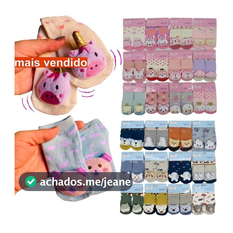 Kit Ate 06 Pares Meia Infantil 3D com Chocalho de Bichinho Fofinha Bebê 0 a 24 meses - Menino e Menina