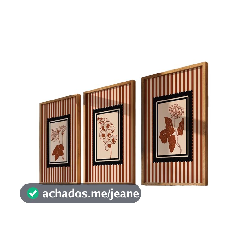Kit 3 Peças Quadros Decorativos Estampas listradas estilo cottagecore Flores Sala Quarto