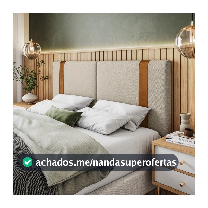 Cabeceira De Cama Ártemis QUEEM 1,60x0,55 Linho Bege e Couro Sintético Caramelo