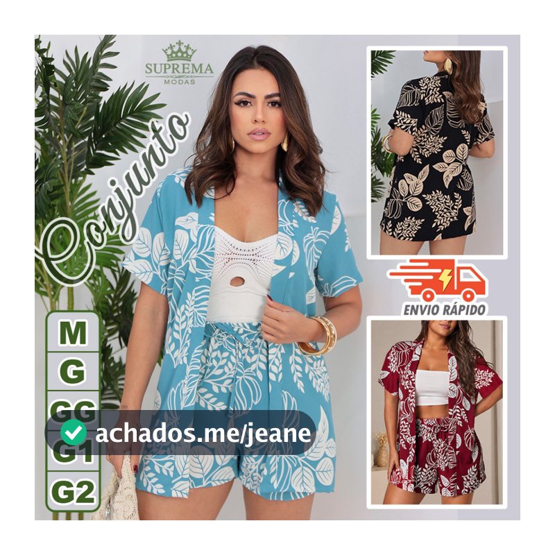 Conjunto Femenino, Kimono + Short, 2 Peças, Manga Curta, Look Verão Elegante Casual Moda 2026