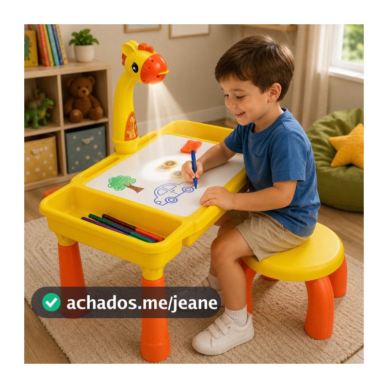 Kit Infantil Cadeirinha e Mesinha C/ Girafa Projetora Para Desenhar e Pintar Com Acessórios - Castela