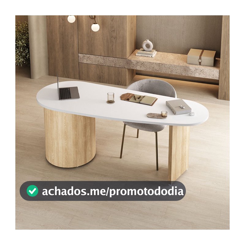 Mesa para Escritório Ovale 4 Gavetas Branco/Carvalho - Artany Móveis
