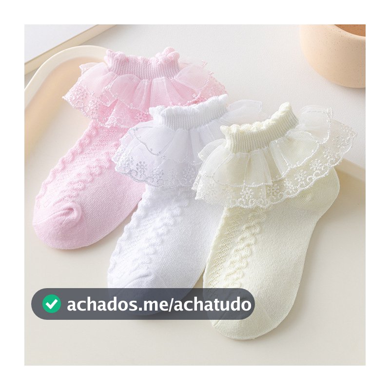 Kit 3 Pares de Meia Menina Infantil e para Bebê de Renda Daminha Batizado, Social com Babado