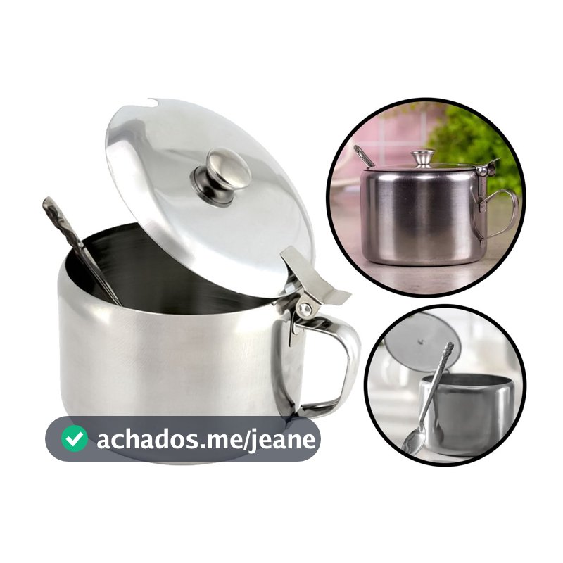 Açucareiro Aço Inox 350ml com Colher para Açúcar