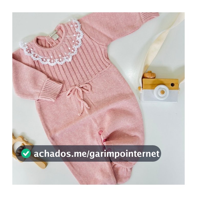 Macacão para Bebê Tricot Roupa Infantil Menina Saída Maternidade Gola Tule Bordado Rendado