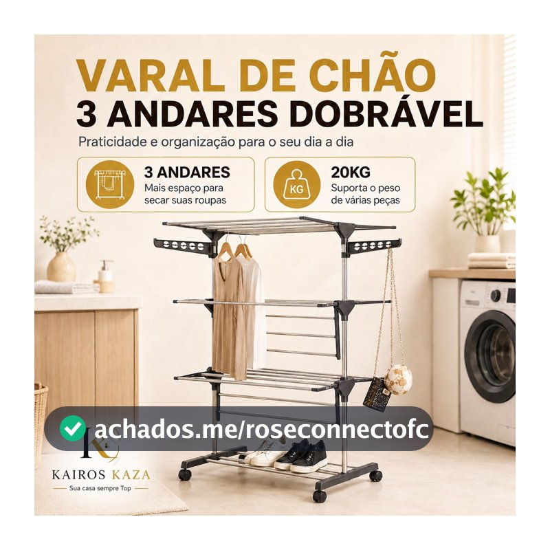 Varal de Chão com Rodinhas Dobrável 3 Andares Portátil