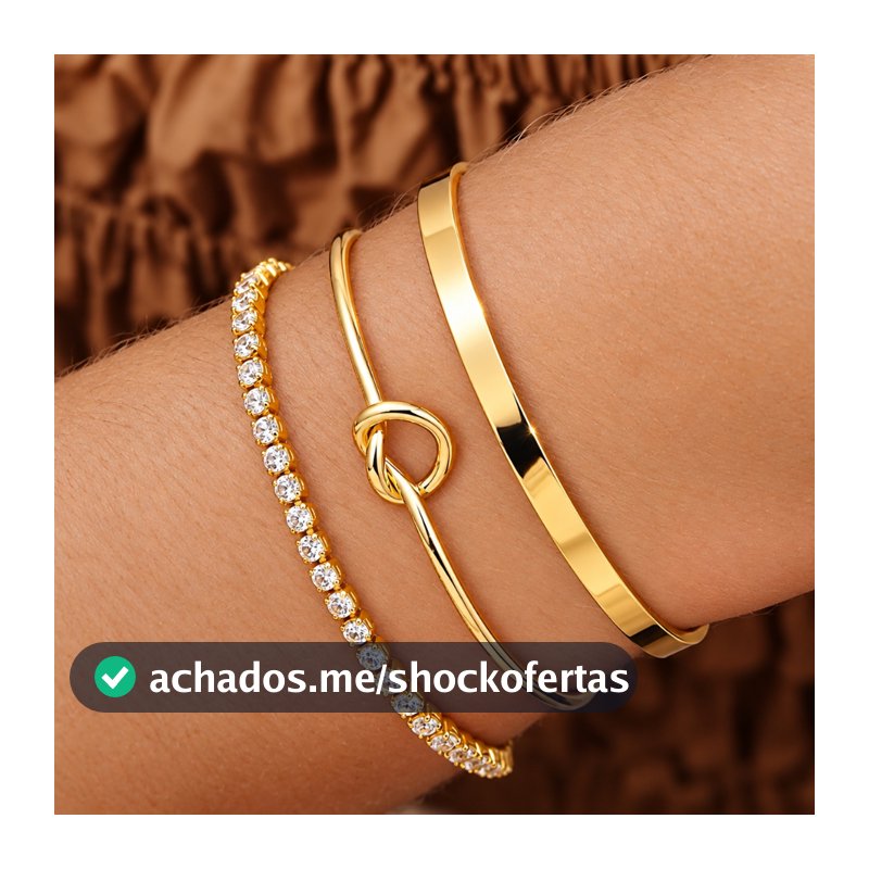 KIT 3 Bracelete Nó Delicado + Bracelete Feminino Liso + Pulseira cravejada de zircônia banhada a ouro 18k