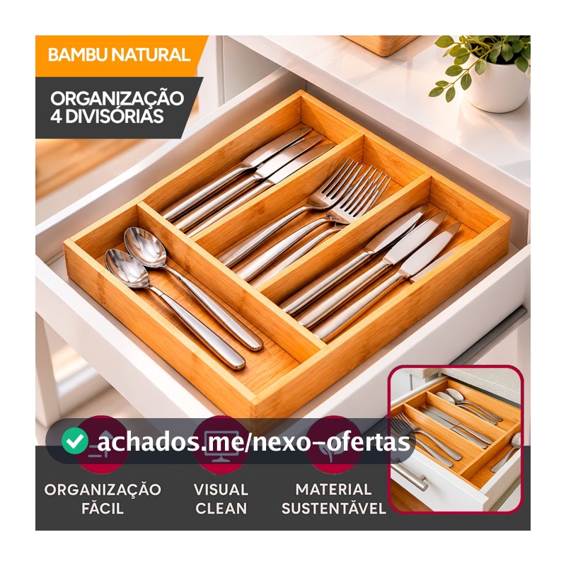 Porta Talheres de Bambu 4 Divisórias Organizador de Gaveta Cozinha Premium