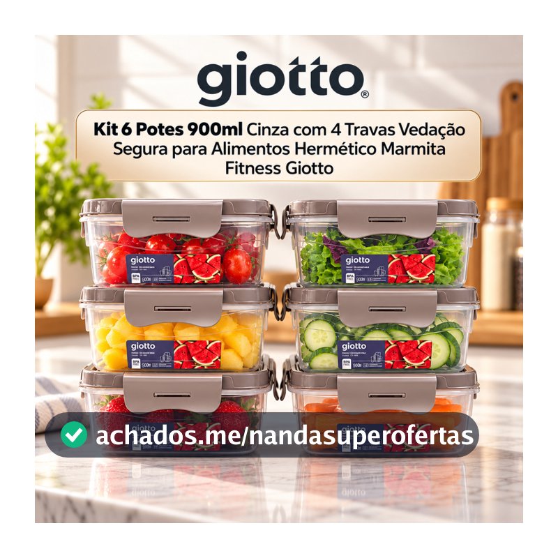 Kit 6 Potes 900ml Cinza com 4 Travas Vedação Segura para Alimentos Hermético Marmita Fitness Giotto