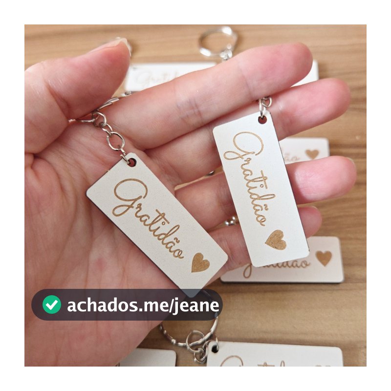 Kit 10/30/50/100 Chaveiros Gratidão com Coração em Mdf Branco 3mm Lembrança Religiosa Fé Deus