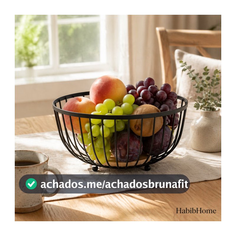 Fruteira Aramada Redonda Preta com Base de Bambu Organizador de Frutas para Cozinha Decorada