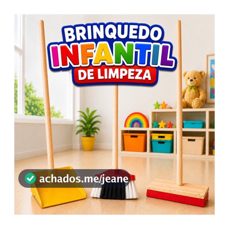Brinquedo Infantil de Limpeza Mini Vassoura Rodo e Pá Brinquedo Educativo Cabo de Madeira e Selo Inmetro