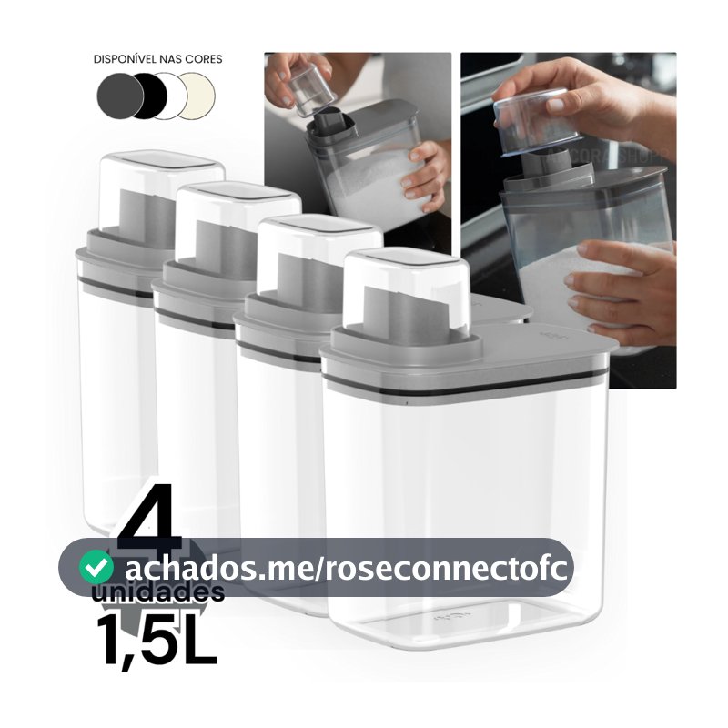 Kit 4un Dispenser Flow 1,5 Litros Porta Sabão Líquido em Pó Amaciante Alvejante Organizador Armário de Lavanderia