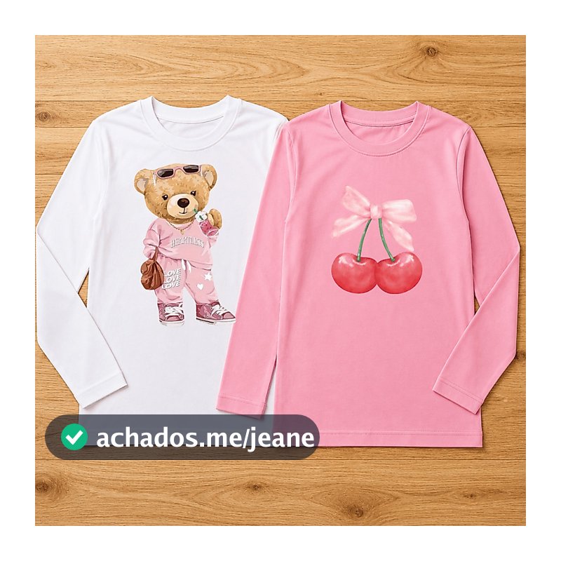 Kit 2 Camisa Manga Longa 100% Algodão Menina Cerejinha Infantil Urso Bear