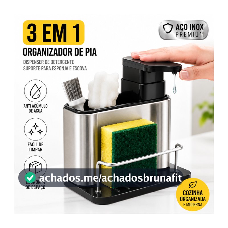 Organizador de Pia 3 em 1 em Aço Inox com Dispensador de Detergente e Suporte para Esponja