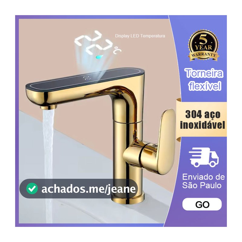 Torneira Misturadora Para Lavatório Iluminado Por LED Display Temperatura Banheiro Rotação de 360° Inox 304 Cor ouro