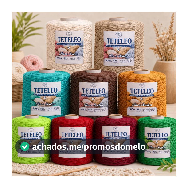 Barbante TETELEO Nº 6 600 Metros | 85% Algodão Premium | Antialérgico | Sem Poeira | Ideal para Crochê, Tricô, Tapeçaria