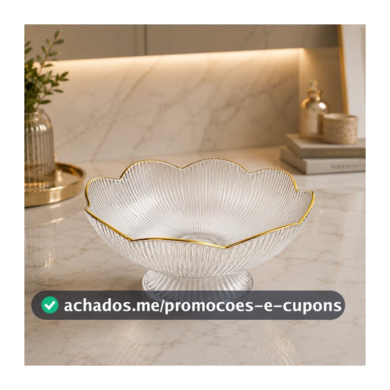 Fruteira Centro De Mesa Transparente Com Borda Dourada Luxo