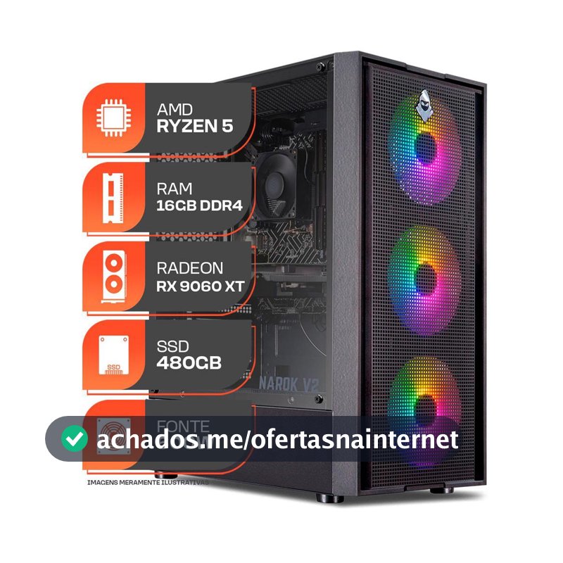 PC Gamer Titan Pro, AMD Ryzen 5 5500, RX 9060 XT 8GB, 16GB DDR4, SSD 480GB, 600W 80 Plus