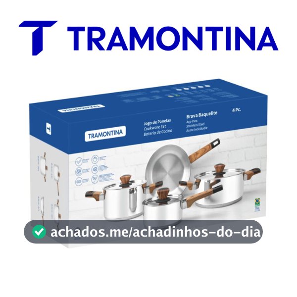 Panelas Inox 4 Peças | Cabo Amadeirado e Tampa de Vidro