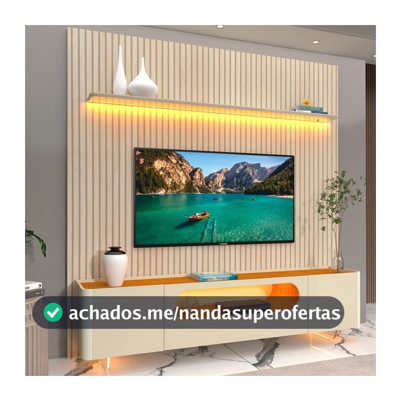 Rack com Painel Ripado para TV até 90 Polegadas 100% MDF com LED 224CMX310,5cm 1 Gaveta 2 Portas Vidro Requinte Nobre