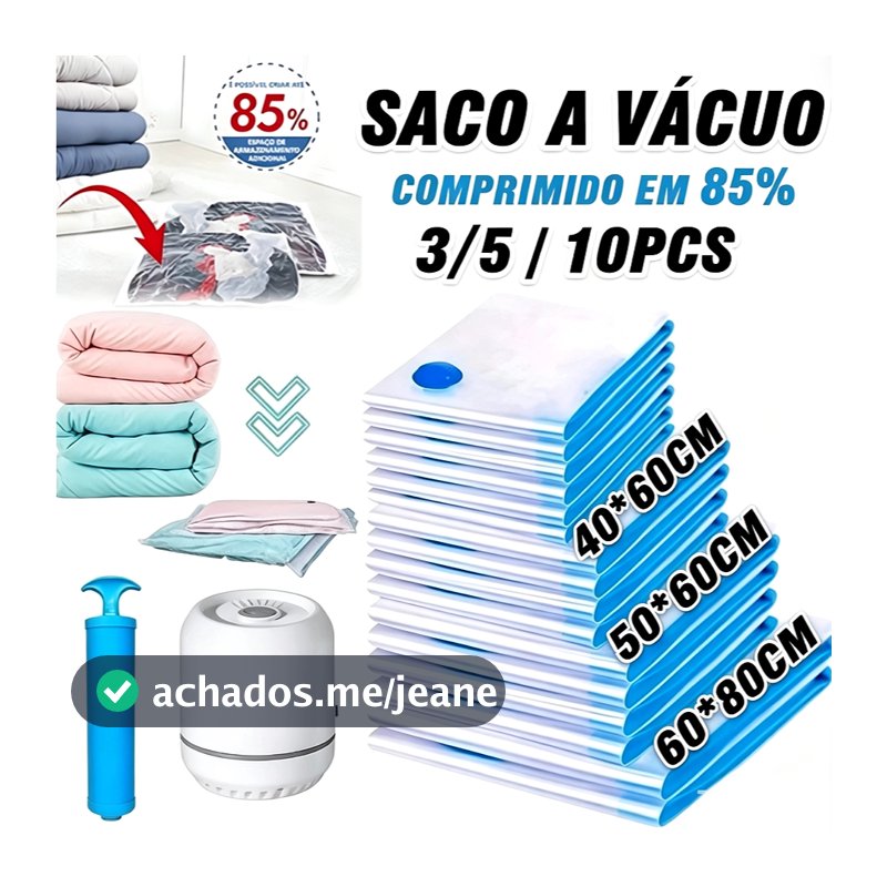KIT 3/5/10 Saco a Vácuo com ou sem Bomba Manual para Roupas Organização Mala Viagem Guarda Roupas