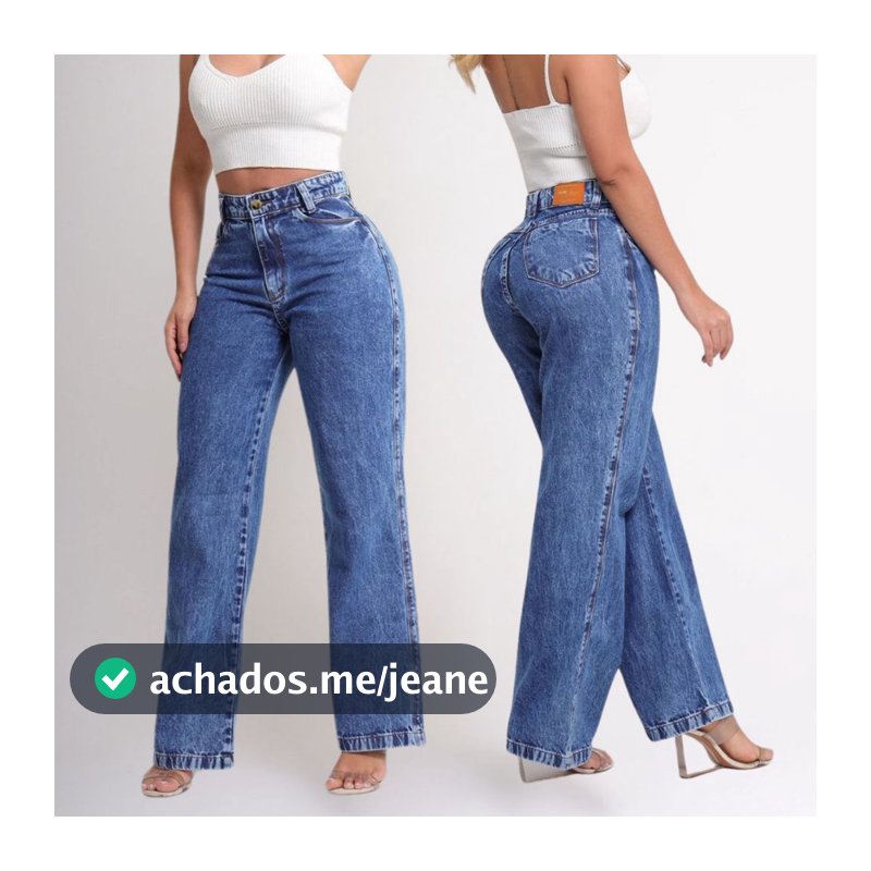 Calça Wide Leg Jeans Feminina Pantalona Cós Alto 100% Algodão Universitária Marmorizada Sem Lycra
