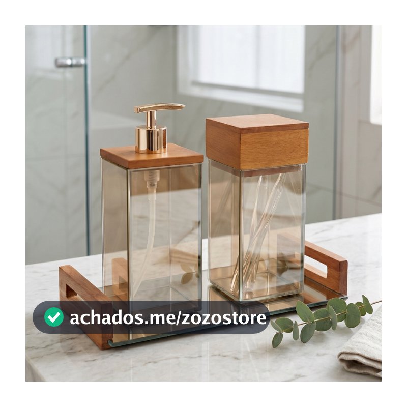 Kit Banheiro Lavabo Premium Saboneteira 500ML Porta Escova Com Tampa Bandeja Vidro Madeira Luxo