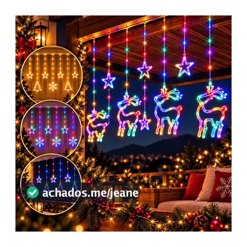 Pisca-pisca Led Cascata para Decoração Natalina Estrela Flocos de Neve Rena Natal 3 Metros