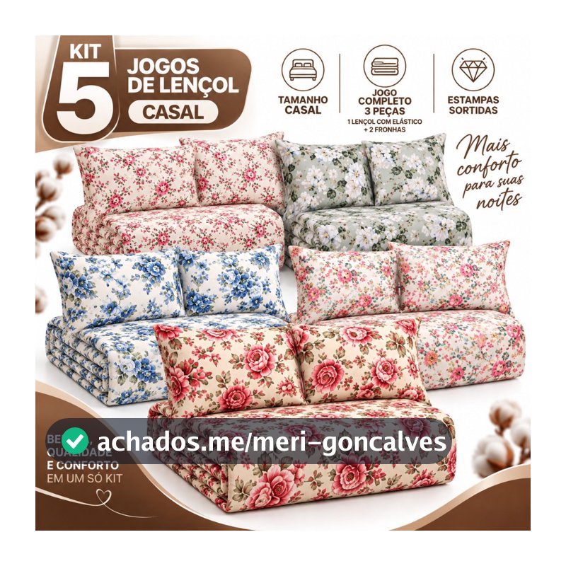 Kit 5 Jogos De Lençol Casal 400 Fios 3 Peças Conforto Premium Cama Florido Estampado