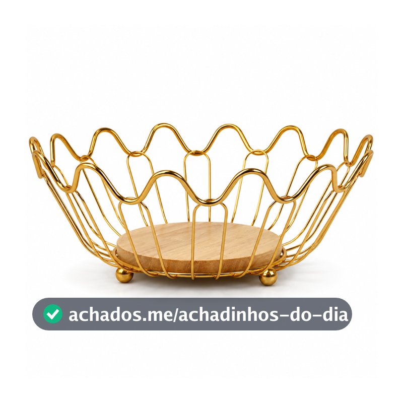 Fruteira de Mesa Aramada Metal Dourado 27cm com Base de Madeira Organizador Decorativo Premium