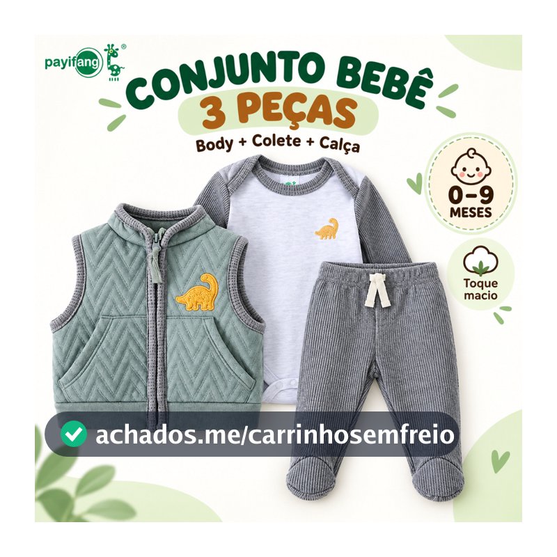 Conjunto Bebê Menino 3 Peças Body Manga Longa Colete Acolchoado Calça Dinossauro Outono Inverno 0 a 9 Meses