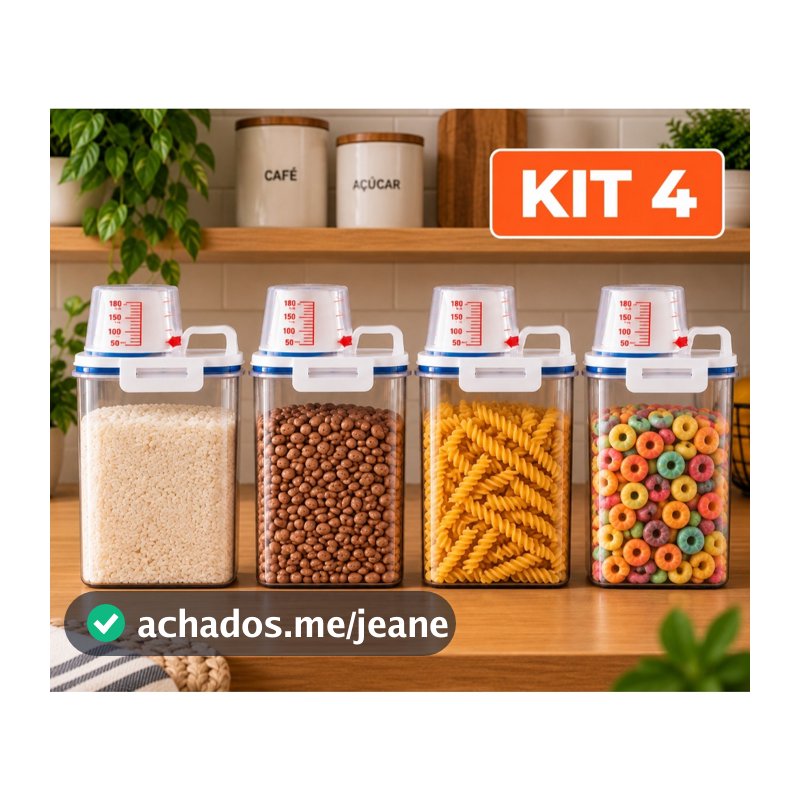 Kit 4 Potes Dispenser Herméticos 2,5L com Trava Bico Dosador Copo Medidor Multiuso Alimentos e Ração