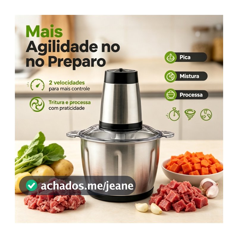 Processador 2L/3L Multifuncional: Faça Tudo na Cozinha! Moa Carnes, Pique Legumes e Mais | Copo Inox e Bivolt