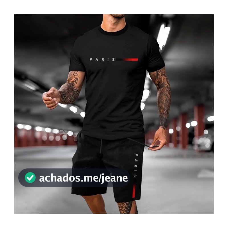Kit Bermuda Short Mole + Camiseta PRETA PARIS MINIMALIST kit Basico Algodão Malha Premium
