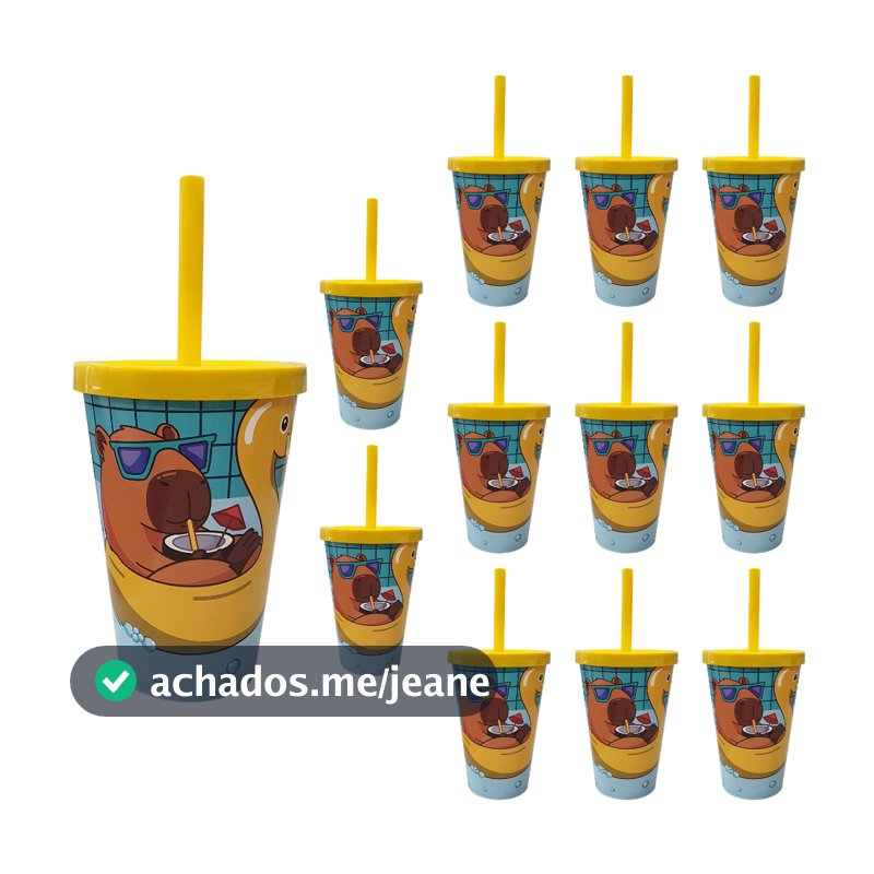 Copo Infantil 350ml com Tampa e Canudo Plástico Atóxico Temas Atuais Lembrancinha Kit 12pçs