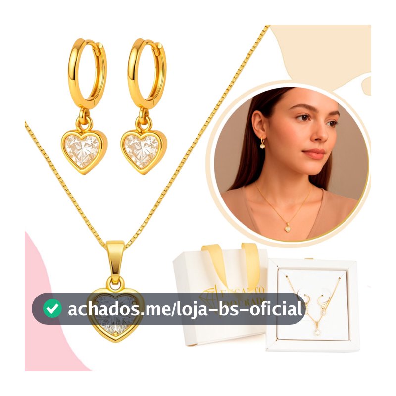 Kit Corrente + Brinco Feminino Coração Zircônia Banhado A Ouro Festa Casamento