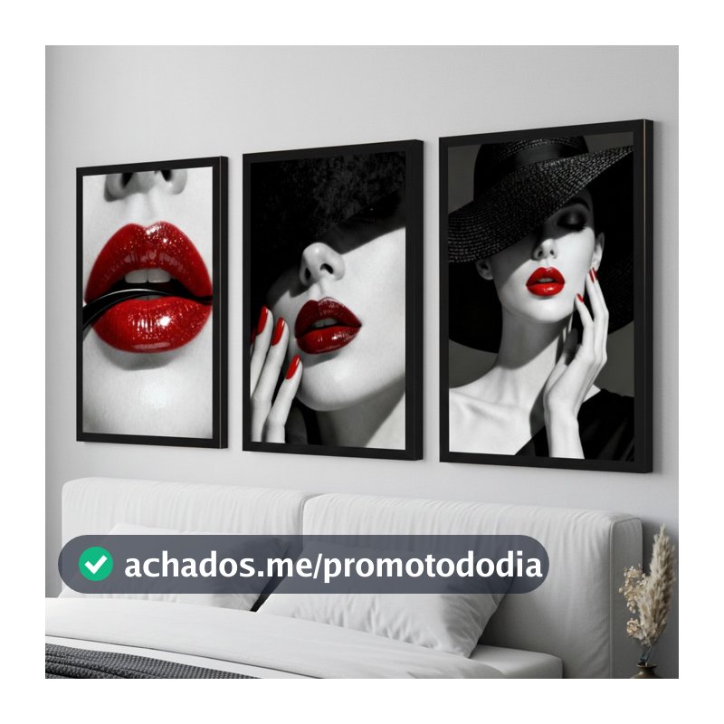 Kit 3 Quadros Decorativos em Mosaico Mulher Preto e Branco Boca Vermelha Glamour